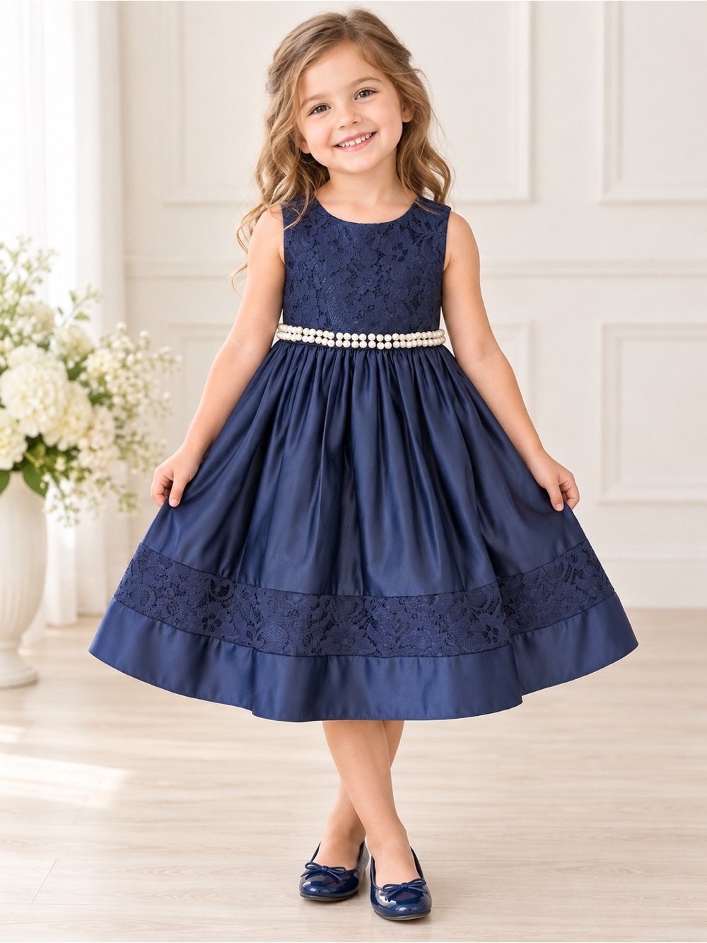 Princess Faith Girls Navy Lace Pearl-Trim Formal Dress Sz 4